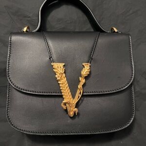 Versace Black Shoulder Bag with Gold V Accent